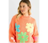 Gini London Orange Floral Crochet Chunky Knit Oversized Jumper - S-M (UK 8-10/US 4-6/EU 36-38)