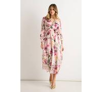 Gini London Pink Floral Print Sparkle Chiffon Wrap Midi Dress In Light Pink Light Pink