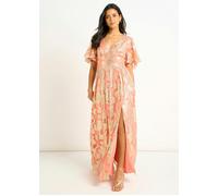 Gini London Pink Metallic Jacquard Flutter Sleeves Floral Maxi Dress - UK 10 / US 6 / EU 38