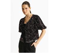 Gini London Purple Velvet Sequin Bow Front Bubble Sleeve Top - UK 12 / US 8 / EU 40