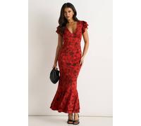 Gini London Red Blur Floral Print Ruffle Maxi Dress Red