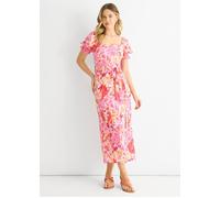 Gini London Red Floral Puff Sleeves Belted Midi Dress Red