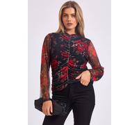 Gini London Red Mesh Printed Ruched Front Top In Black Black