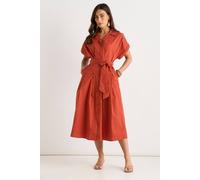Gini London Rust Cotton Button Through Belted Shirt Dress In Orange Orange