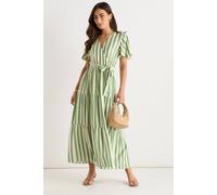 Gini London Sage Green Stripe Wrap Belted Viscose Midi Dress In Light Green Light Green 12
