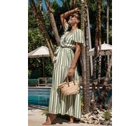 Gini London Sage Green Stripe Wrap Belted Viscose Midi Dress In Light Green Light Green