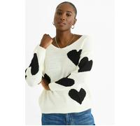 Gini London White V Neck Heart Knit Jumper - L-XL (UK 14-16/US 10-12/EU 42-44)