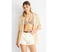 Gini London Women's Beige Crochet Knit Edge to Edge Cardigan Sweater | Size: 12