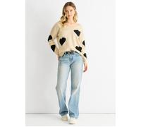 Gini London Women's Beige V Neck Oversized Heart Knit Jumper | Size: Medium/Large Gini London Beige M/L