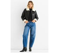 Gini London Women's Black Faux Leather Shearling Fur Aviator Jacket | Size: 12