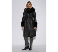 Gini London Women's Black Fur Trim Faux Leather Wrap Longline Coat | Size: 8