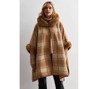 Gini London Women's Camel Fur Trim Check Longline Cape | Size: Medium/Large Gini London Camel M/L