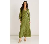 Gini London Women's Green LS Floral Satin Jacquard Maxi Dress | Size: 14