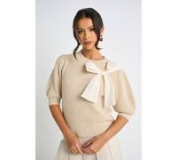 Gini London Women's Mocha Chiffon Bow Knitted Jumper in Beige | Size: Medium/Large Gini London Beige M/L