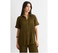 Gini London Women's Olive Plisse Short Sleeve Oversized Shirt in Dark Olive | Size: S/M Gini London Dark Olive S/M