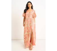 Gini London Women's Pink Metallic Jacquard Flutter Sleeves Floral Maxi Dress in Light Pink | Size: 12 Gini London Light Pink 12