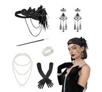 Ginkago 1920s Accessories for Women 6Pcs Flapper Accessories Set with Feather Headband, Earrings, Necklace, Bracelet, Gloves & Prop for Retro Carnival Festival Halloween Christmas