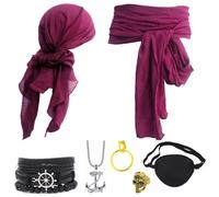 Ginkago 7 Pieces Medieval Pirate Costume Accessory Set Women Men Pirate Fancy Dress Accessories Headscarf Eye Patch Earrings Necklace Bracelet Hip Scarf for Halloween Cosplay Party (Wine Red)