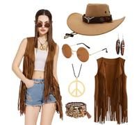 Ginkago Hippie Costume Set Cowgirl Western Outfit with Fringe Vest Hippie Earrings Glasses Bracelet Necklace (Brown, L)