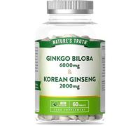 Ginkgo Biloba and Ginseng Tablets | 6000mg & 2000mg | High Strength Korean Ginseng | 60 Tablets | Vegan | by Nature's Truth