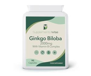 Ginkgo Biloba Capsules 90 x 2000mg - Dizziness and Vertigo Treatment - Focus Tablets, Concentration Pills for Brain, Memory - Blood Circulation -Ginkgo Biloba Herbal Supplements with Vitamin B Complex