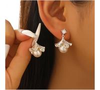 Ginkgo Leaf Fan Earrings Gold Plated Pearl Tassel(B)
