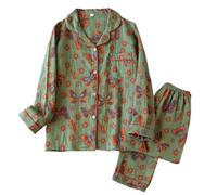 Ginkgo Leaf Neckline Button Colorful Floral Pure Pajama,Vintage Leaf Cotton Lapel Loungewear Set,Long Sleeve Loose Two Piece