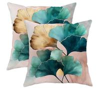 Ginkgo Leaf Pillow Covers Set of 2, Teal and Gold Botanical Throw Cushions, Spring Decorative Square Home Decor for Sofa Couch Bed, Modern Stylish Accents Pillows 16x16 Inch