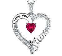 GinoMay Birthday Gifts Mum July Birthstone Ruby Jewellery I Love You Mum Necklace Love Heart Pendant Necklace Sterling Silver