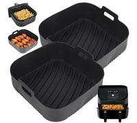 GINOYA 2 PCS Silicone Air Fryer Liners, 20.5 cm, Black, for Easy Cleaning | Reusable square liners for COSORI 5.5L, Ninja AF180UK, Tefal 6.5L and Instant 5.7L air fryers, 23 cm outer size