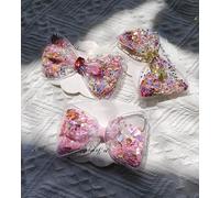 Ginoya brothers Pack of 3 Glitter Shaker Stylist fancy Oversize Easter Pastel confetti bow Pins Hair Pin. (3-TRANSPARANT BOW CLIPS)