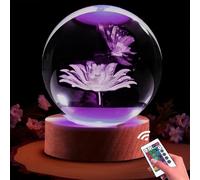 Ginsso Decorative Crystal Ball Night Light, Butterfly & Flower 3D Crystal Sphere Lamp with Remote, Multicolor, 3.15in, Wooden Base, USB Cable, Perfect for Bedroom, Kids Room, Living Room