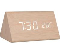 GINZER LED Digital Wood Alarm Clock, Bedside Silent Wooden Clock with Multiple Alarm and 5 Level Brightness, Big White Digit Display, Snooze, Mains Powered or Battery Operated,Triangular - Beige