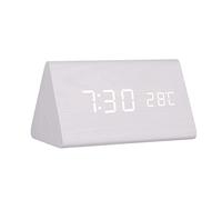 GINZER LED Digital Wood Alarm Clock, Bedside Silent Wooden Clock with Multiple Alarm and 5 Level Brightness, Big White Digit Display,Triangular Prism, Mains Powered or Battery Operated, White