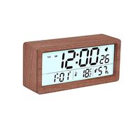 GINZER Wooden Digital Alarm Clock With 6" Large Display, Snooze, Calendar, Backlight, Temperature Humidity - Battery Operated Desk Clock for Bedroom Office