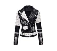 Giolshon Women Faux Leather Jacket Studded Rivet Floral Moto Biker Short Lapel Coat 0376 Black S