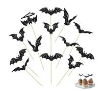 GIONAR 12PCS Halloween Bat Cake Decorations, Halloween Cupcake Toppers, Black Glitter Bat Cake Picks for Halloween Birthday Cake, Baby Shower, Halloween Party Food & Cocktail Accessories