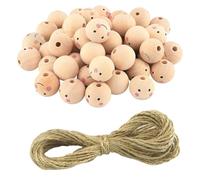 GIONAR Pack of 50 Face Wooden Beads, Natural Round Beads, 25 mm Large Natural Wood Beads, Round Loose Beads with Smile Face, with 10 m Hemp Rope, for DIY Jewellery, Crafts and Decorations