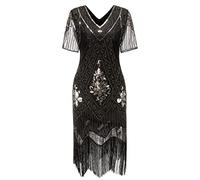 Gionforsy 1920s Dresses for Women with Beaded Sequin, Short Sleeves, V Neck, 20s Flapper Fringed Fancy Dress for Great Gatsby Themed Party, Showgirl Costume, Halloween (Black Gold, S)