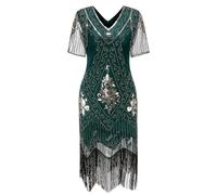 Gionforsy 1920s Dresses for Women with Beaded Sequin, Short Sleeves, V Neck, 20s Flapper Fringed Fancy Dress for Great Gatsby Themed Party, Showgirl Costume, Halloween (DarkGreen Gold, L)