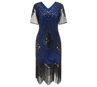 Gionforsy 1920s Dresses for Women with Beaded Sequin, Short Sleeves, V Neck, 20s Flapper Fringed Fancy Dress for Great Gatsby Themed Party, Showgirl Costume, Halloween (Black Blue, M)