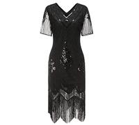 Gionforsy 1920s Dresses for Women with Beaded Sequin, Short Sleeves, V Neck, 20s Flapper Fringed Fancy Dress for Great Gatsby Themed Party, Showgirl Costume, Halloween (Black, XL)