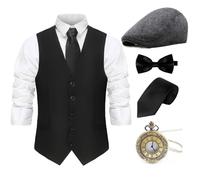 Gionforsy 1920s Mens Gatsby Costume Accessories Set with Beret Hat Vest Bow Tie Pocket Watch Gangster Accessories Set for Great Gatsby Themed Party Halloween Carnival Fancy Dress (Black, XXL)