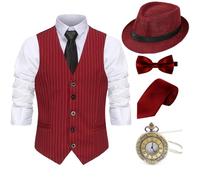Gionforsy 1920s Mens Gatsby Costume Accessories Set with Beret Hat Vest Bow Tie Pocket Watch Gangster Accessories Set for Great Gatsby Themed Party Halloween Carnival Fancy Dress (Stripe Winered, XXL)