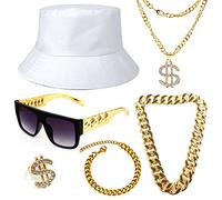Gionforsy Hip Hop Costume Accessories Set Kit 6 Pieces with Bucket Hat Sunglasses Golden Chain Bracelet Ring, 80s 90s Rapper Accessories Set for Themed Party Halloween Carnival Fancy Dress (White)