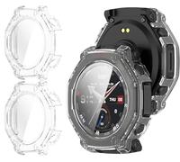 GIOPUEY Case Compatible with Amazfit T-Rex 3 Pro 48mm, [2 PACK] Glass Protective Film + Hard Plastic Bezel Cover - Transparent+Transparent