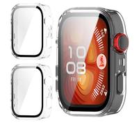 GIOPUEY Case Compatible with Huawei Watch Fit 4 Pro, [2 PACK] Glass Protective Film + Hard Plastic Bezel Cover - Transparent+Transparent