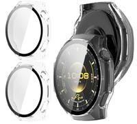 GIOPUEY Case Compatible with Huawei Watch GT 6 Pro 46mm, [2 PACK] Glass Protective Film + Hard Plastic Bezel Cover - Transparent+Transparent