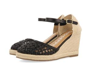 GIOSEPPO SERIGNAN Black Braided Leather Espadrilles with High Jute Wedge for Women, Black/White, 8.5 UK