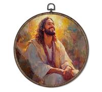 Giosve Jesus Christian Round Wall Art Canvas Framed Poster, Laughing Jesus Religious Bible Verse Hanging Wall Sculptures for Church Home Bedroom Prayer Room Decor, 10x10 Inch